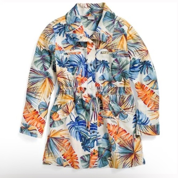 Chico’s Tropical Palm Print Linen Utility Top Womans 1P Medium 8P Tan 3/4 Sleeve - Picture 15 of 15